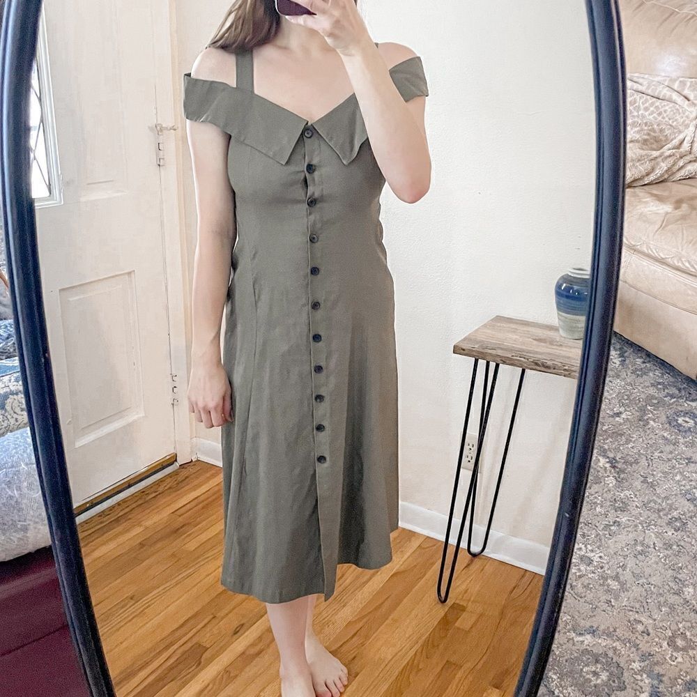 ALC Hudson Cold Shoulder Midi Dress Linen Blend Olive